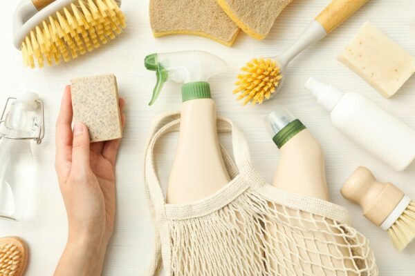 Eco bag, hand, bottles with detergents and cleaning tools on light background, top view