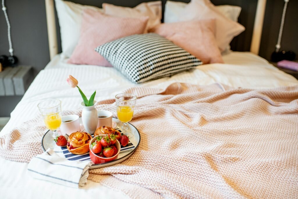 Tasty breakfast on the bed